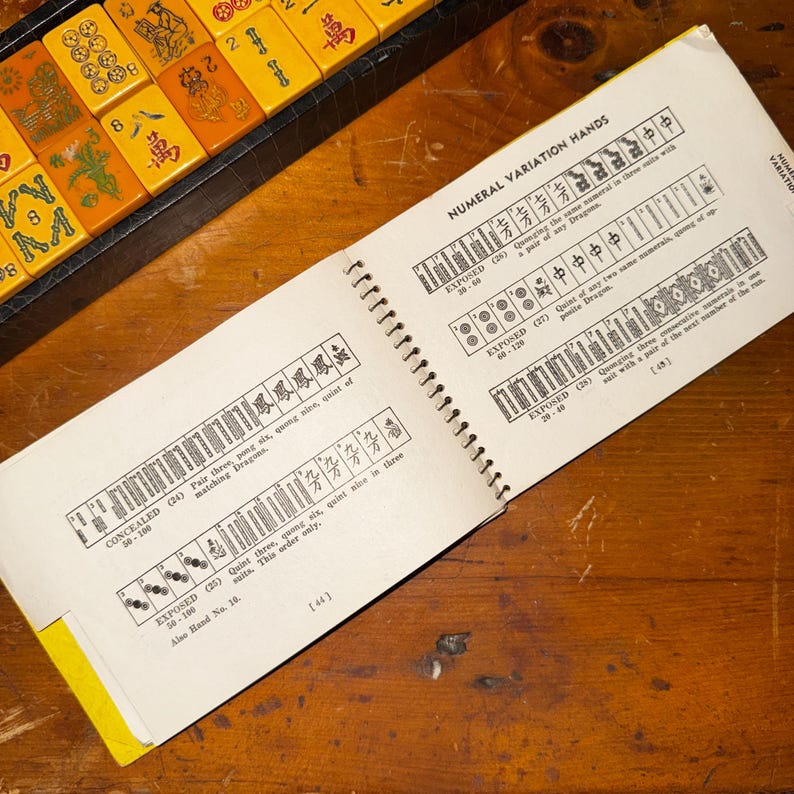 Op de afbeelding: Een open boek met de titel "NUMERAL VARIATION HANDS" toont diagrammen van Mahjong-handen. Het boek is spiraalgebonden met een gele rand. Een zwarte koffer met Mahjong-tegels is zichtbaar op de achtergrond.