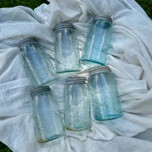 Mason's Patent Aqua Fruit Jar 1858 – antiekblauwe inmaakpot met zinken deksel