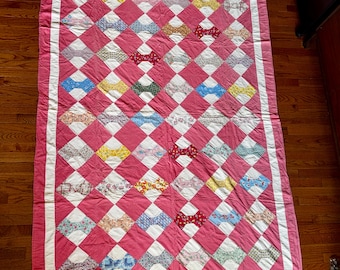 Vintage 1930s Bow Tie Quilt | Hand Stitched Feed Sack Cotton Bedspread