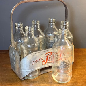 Vintage 1940s Pepsi-Cola Metal Bottle Carrier with 6 Original Pepsi Bottles - Rare Double Dot Logo Collectible