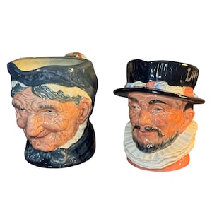 Vintage Royal Doulton Toby Jugs: Granny D5521 & Beefeater D6206, Hand-Painted Large Character Mugs, English Collectible Barware Décor