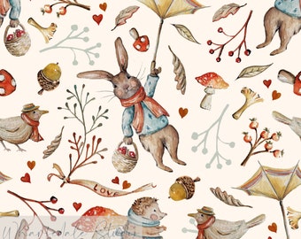 Gone in the Wind Non Exclusive Seamless Pattern Design, Children's fabric, bunny, woodland, autumn,, cute