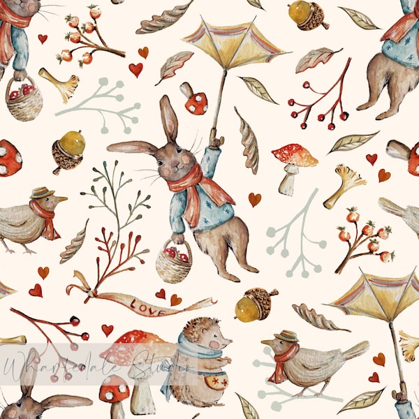 Gone in the Wind Non Exclusive Seamless Pattern Design, Children's fabric, bunny, woodland, autumn,, cute