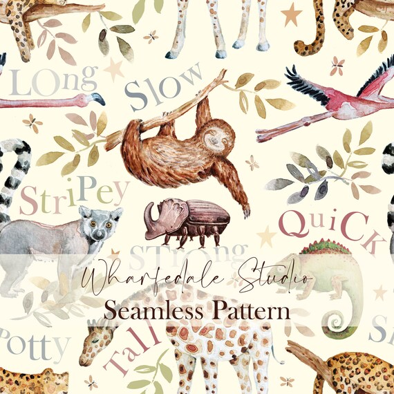 Animal Attributes Non Exclusive Seamless Pattern Design, Children's fabric, digital file, seamless pattern