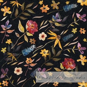 May include: A watercolour floral pattern on a black backdrop. The design showcases diverse flowers in shades of yellow, orange, red, and purple, alongside green and brown leaves. The pattern is repeated across the surface.