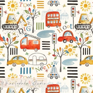 May include: Watercolor illustration featuring various vehicles and city elements on a cream background. Includes a yellow excavator, red fire truck, yellow car, and a double-decker bus with the word "Town". The design also has trees, butterflies, and the words "Dig" and "Hoot".
