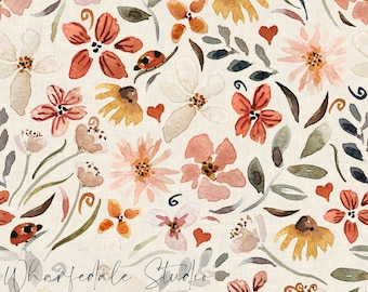 Jubilant Non Exclusive seamless pattern, florals, hearts, cute, ladybird, Spring, Summer, Children's Surface Pattern