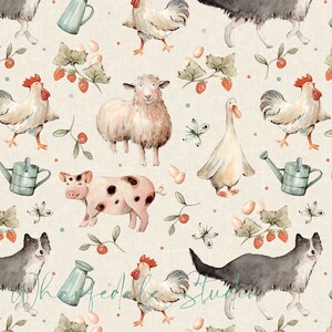May include: Watercolor pattern featuring farm animals including chickens, sheep, a pig, a goose, and dogs. The design also includes strawberries, watering cans, eggs, and butterflies on a cream-colored background. The text "Wharfedale Studio" is visible.