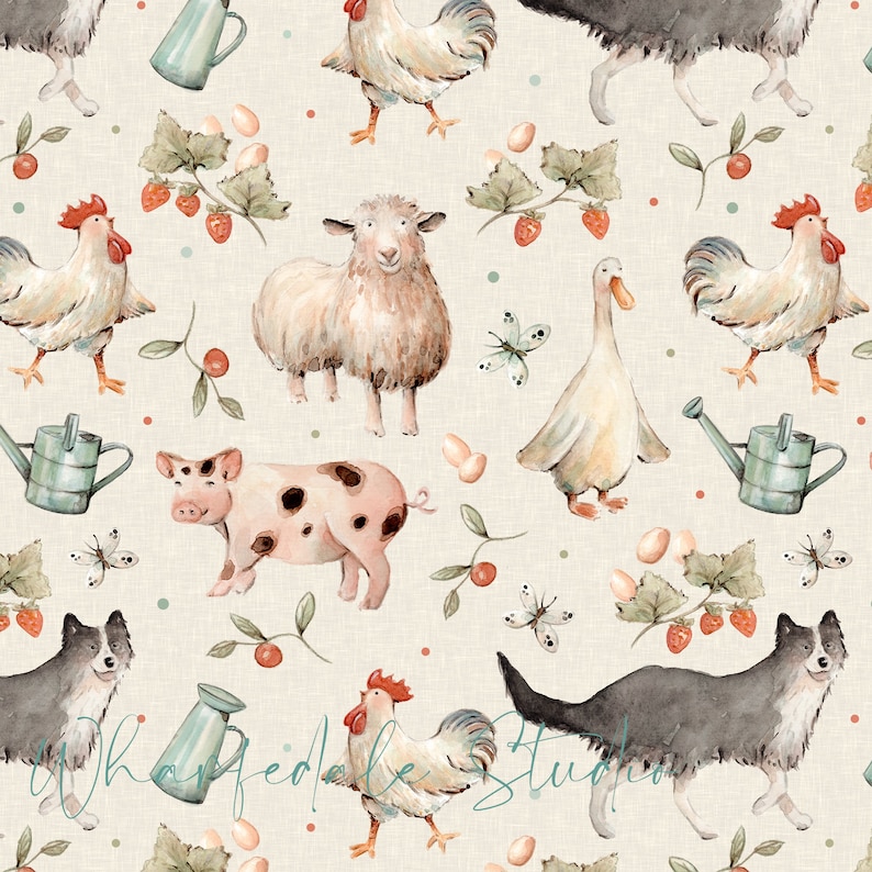 May include: Watercolor pattern featuring farm animals including chickens, sheep, a pig, a goose, and dogs. The design also includes strawberries, watering cans, eggs, and butterflies on a cream-colored background. The text "Wharfedale Studio" is visible.