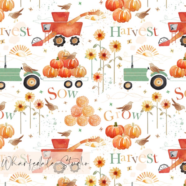 Harvest Festival Seamless Pattern, Non Exclusive, Children's fabric, cute, Autumn, Fall, Farm, Tractor, Pumpkin, Sunflower