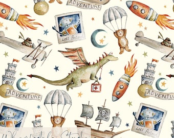 Let's Pretend Non Exclusive Seamless Pattern Design, Children's fabric, cute dragon, castle, plane