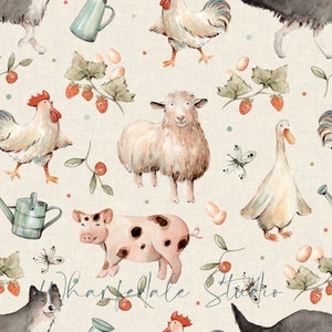 May include: Watercolor pattern featuring farm animals including a sheep, pig, rooster, and duck. The design also includes strawberries, eggs, butterflies, and watering cans, all set against a cream-colored background. The text "Whartedale Studio" is visible at the bottom.