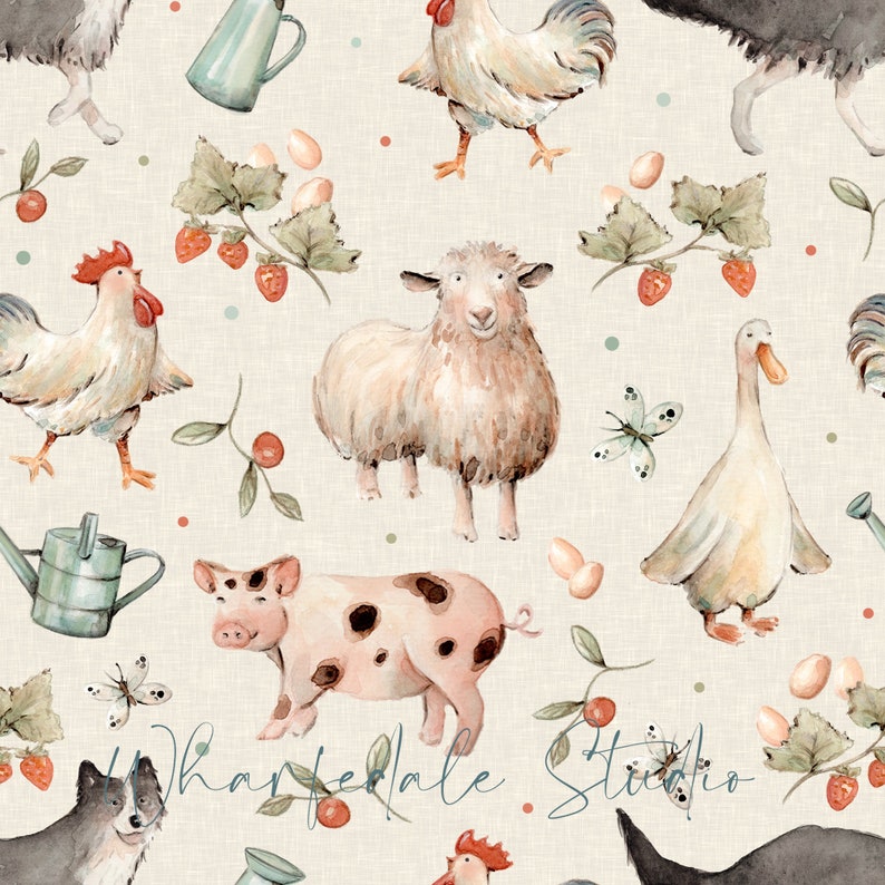 May include: Watercolor pattern featuring farm animals including a sheep, pig, rooster, and duck. The design also includes strawberries, eggs, butterflies, and watering cans, all set against a cream-colored background. The text "Whartedale Studio" is visible at the bottom.