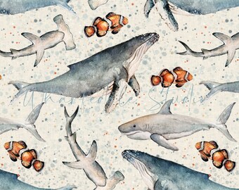 Algo Fishy Seamless Pattern, tecido infantil, não exclusivo, tubarão, peixe, mar, oceano, baleia, padrão sem costura, download digital