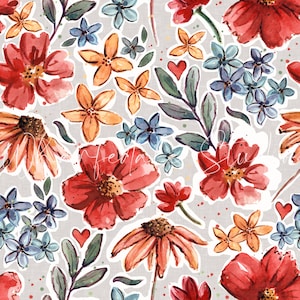 May include: Watercolor floral pattern featuring red, orange, and blue flowers, green leaves, and small red hearts on a light gray background. The design includes various flower types and sizes, creating a vibrant and artistic look. The word "ferda" and "su" are written in cursive.