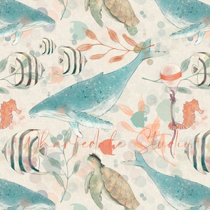 Ocean Explorers Non Exclusive, whale, tropical fish, turtle, Children&#39;s Surface Pattern