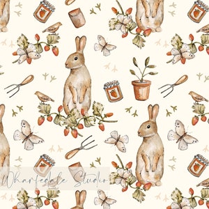 The Strawberry Patch Non Exclusive, rabbits, bunnies, garden, strawberries, Children's Surface Pattern