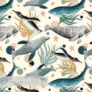 May include: A repeating pattern with watercolour illustrations of marine animals, including penguins, seals, walruses, and narwhals. The design incorporates sea plants, stars, and circular shapes in muted tones of blue, green, and beige, creating an ocean theme.