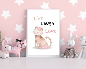 Live Laugh Love Printable Wall Art, Girl Bedroom Decor, Nursery Wall Art, Cat Watercolor Poster, Animal Print, Pet Lover Gift, Digital