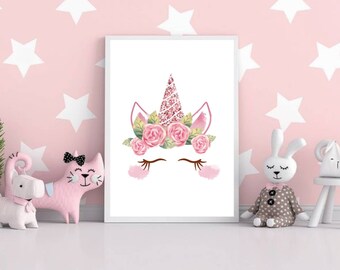 Unicorn Wall Art, Rose Gold Unicorn Decor, Girls Bedroom Decor, Watercolor Unicorn Poster, Pink Unicorn Portrait Print, Nursery Wall Art