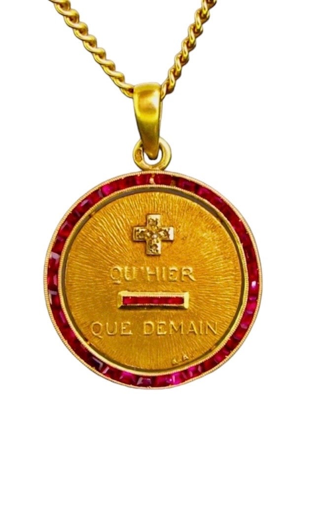 SOLD OUT Rare A. Augis love poem pendant 24mm round with ruby halo circa 1960s signed A. A. With French eagle stamp