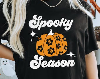 Spooky Season SVG PNG, Retro Halloween Pumpkin with Daisies, Cute Fall Sublimation Design, Halloween Shirt Graphic, Cricut Cut File