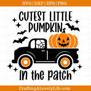 May include: Black and orange Halloween design featuring a pickup truck carrying a jack-o'-lantern pumpkin with the text "Cutest Little Pumpkin in the Patch".