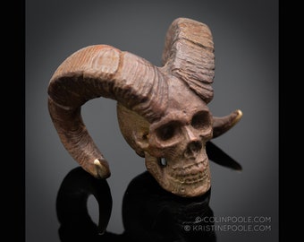 Bighorn Human Talisman Skull, Cast Solid Bronze Sculpture with Unique Patina