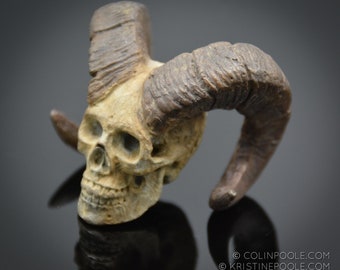 Bighorn Human Talisman Skull, Cast Solid Bronze Sculpture with Unique Patina