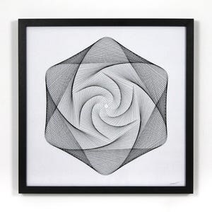 May include: Black framed artwork featuring a geometric design. The artwork showcases a complex pattern of black lines forming a spiral within a hexagonal shape. The design is centered on a white background, creating a striking contrast.