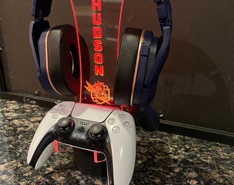 Personalized gaming controller/headset lighted LED laser etched stand.