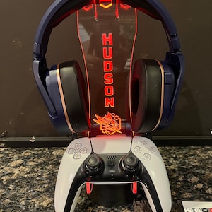 Personalized gaming controller/headset lighted LED laser etched stand.