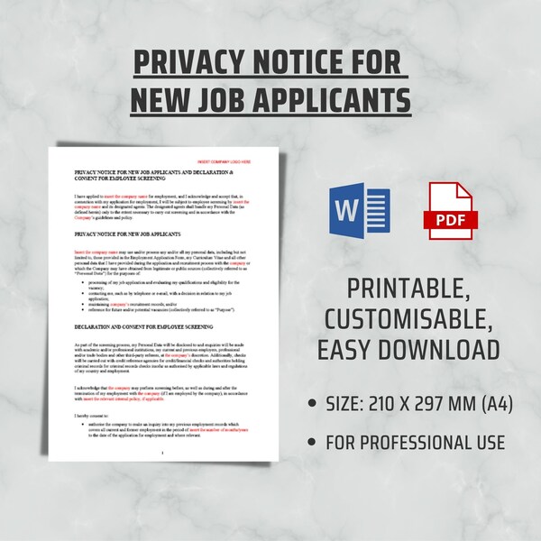 Privacy Notice For New Job Applicants in editable in word document | Corporate Document between employer and employee