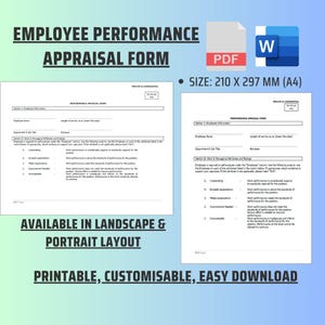 Performance Appraisal Form Word and PDF document, complete with 7 pages of assessment between employer and employee