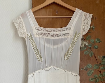 1930s Ivory Greek Embroidered Bridal Satin and Chiffon Slip Dress with Lace Vintage