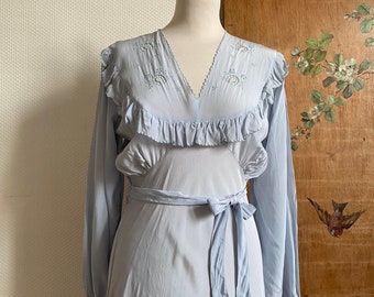 1930s horseshoe embroidered long sleeves blue maxi crepe slip dress bias cut and panty set night gown
