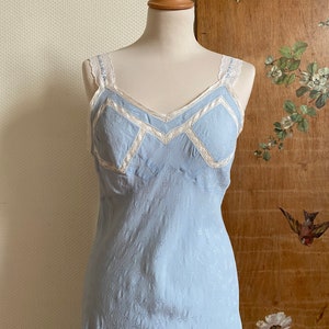 1940s bow print blue nuisette silk lace slip dress and panty set night gown