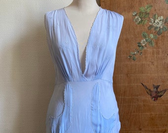 1930s blue embroidered crepe dress nightgown nightie bias cut