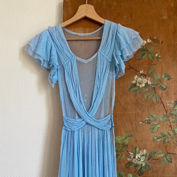 1930s mesh net mermaid blue dress