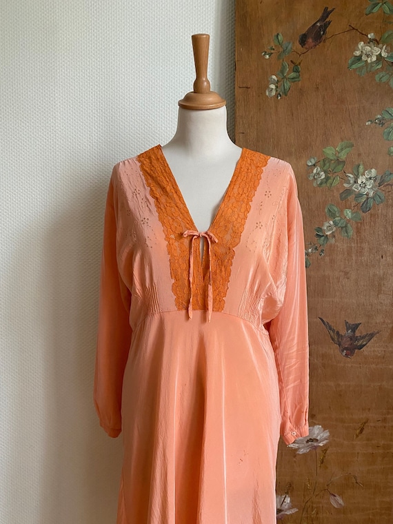 1930s hand dyed orange silk and lace embroidered s