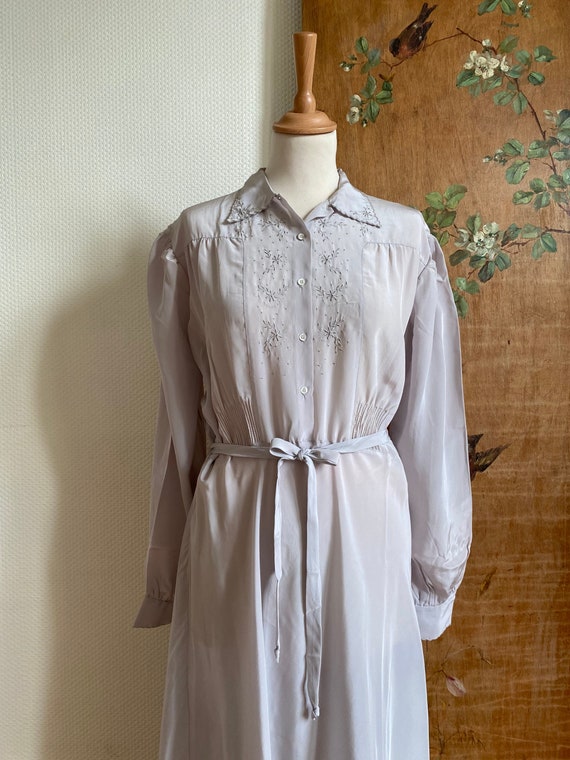 1940s gray dove embroidered rayon maxi shirtdress… - image 1