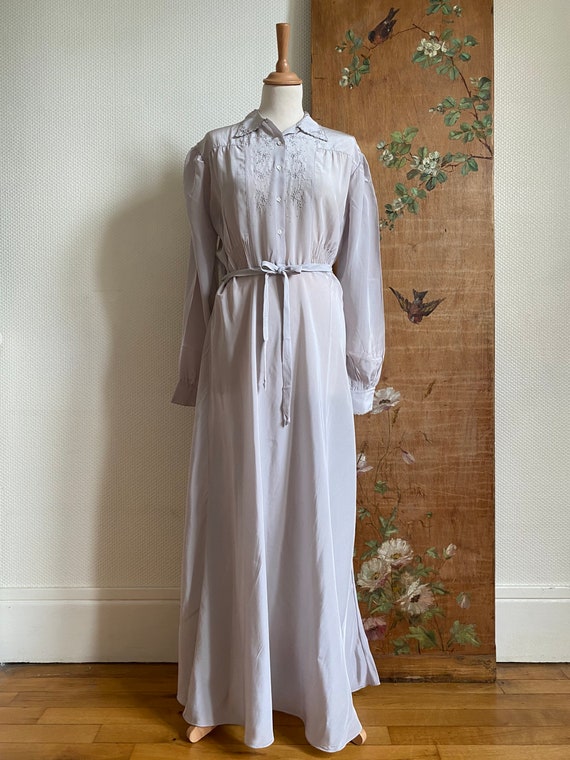 1940s gray dove embroidered rayon maxi shirtdress… - image 2