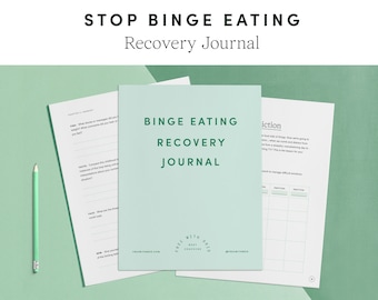 May include: A green and white journal titled "Binge Eating Recovery Journal" with the text "Free With Brio" and a website address. The journal is designed to help people recover from binge eating.