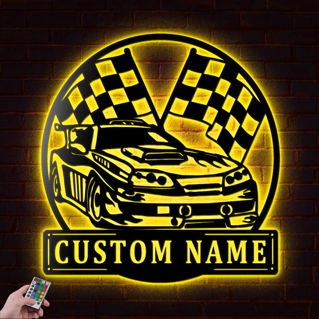 Custom Racing Flag Sprint Car Metal Wall Art LED Lights Personalized ...