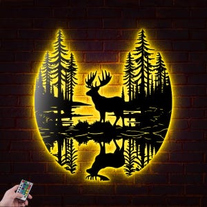 Arte de pared de metal con luz LED y diseño de alce en el bosque, letrero colgante para el hogar, decoración de guardería infantil, regalo de inauguración de la casa, Navidad