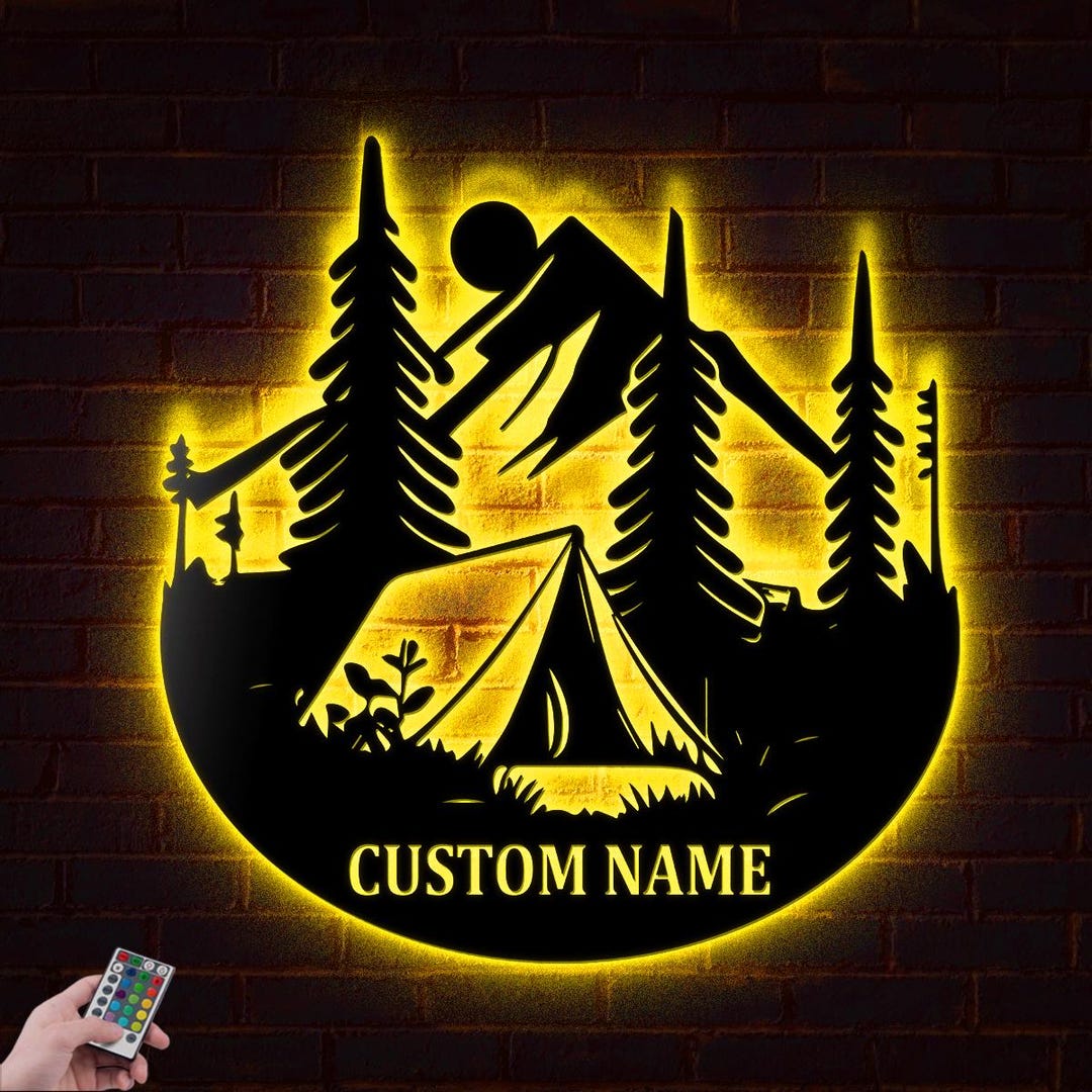 Custom Camping V2 Metal Wall Art LED Light Personalized Camper Name ...