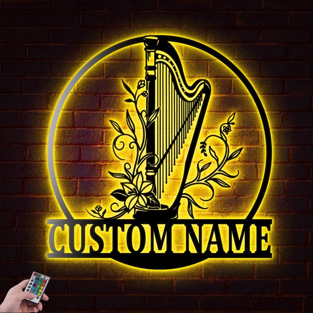Custom Floral Harp Metal Wall Art Led Light Personalized Harp Player ...