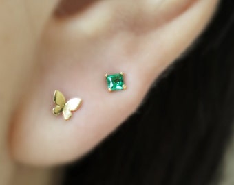 14K Solid Gold Emerald Green Gemstone Tiny Stud Earrings, 14K Real Gold Emerald Stud Earrings, 14K Gold Dainty Minimalist Stud Earrings
