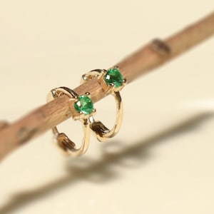 10K Solid Gold Emerald Green Gemstone Tiny Dainty Hoop Earrings, 10K Solid Gold Small Huggie Hoop Earrings, Hinged Solid Gold Earrings,Gift