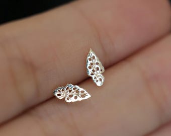 9K Solid Gold Foliage Stud Earrings, Dainty Gold Leaf Earring